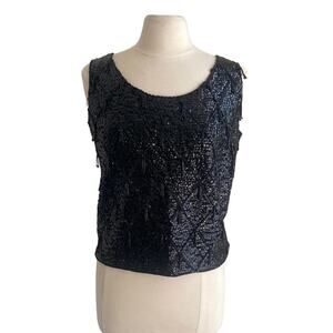 VINTAGE Sequin Tank Womens Sz Large 100% Wool Black Cocktail